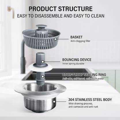 3-in-1 Stainless Steel Sink Drain Strainer ~ Prevent Clogs, Stop Odors & Keep Water Flowing Smoothly-