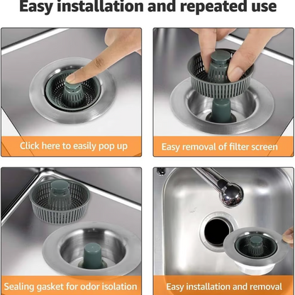 3-in-1 Stainless Steel Sink Drain Strainer ~ Prevent Clogs, Stop Odors & Keep Water Flowing Smoothly-